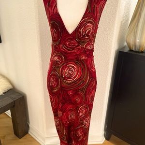 Sleek red print deep V midi dress